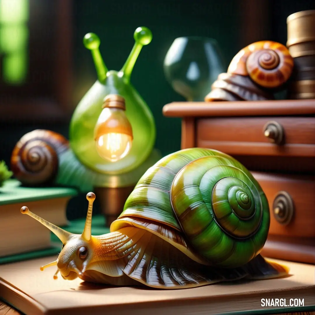 Napier green color example: Snail is on a book next to a lamp and a book on a table