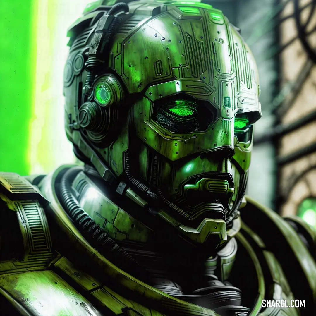 Robot with green eyes and a green helmet on a green background. Example of Napier green color.