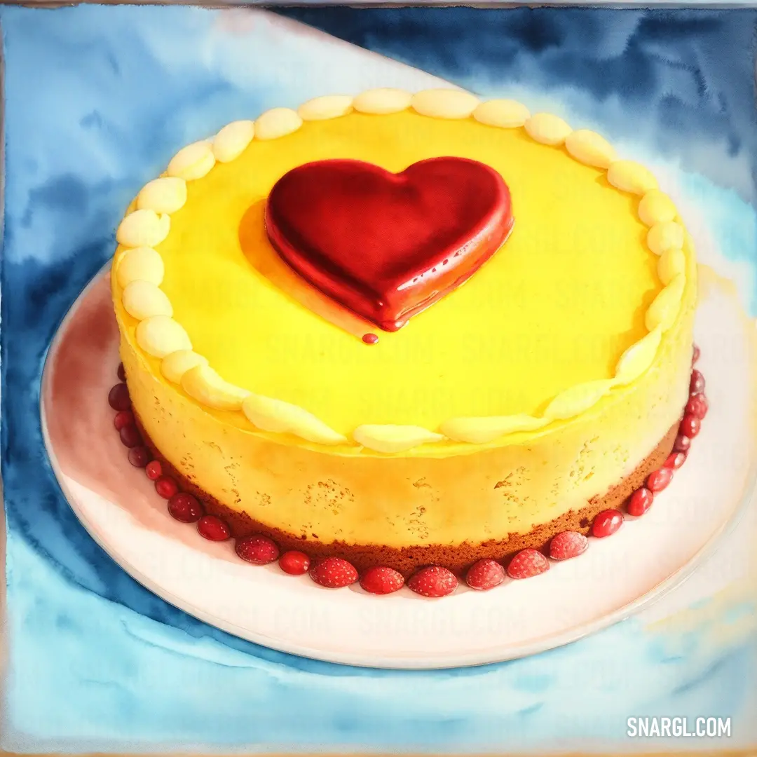 Cake with a heart on top of it on a plate on a table with a blue background and a blue