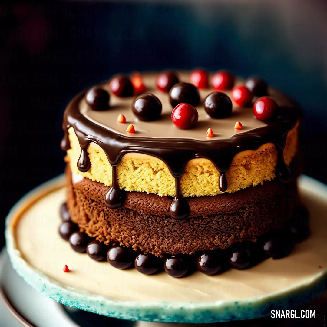 Cake with chocolate and cherries on top of it on a plate on a table with a blue edge
