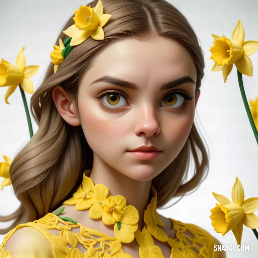 Digital painting of a woman with flowers in her hair and a yellow dress on her shoulders. Color CMYK 0,13,62,2.