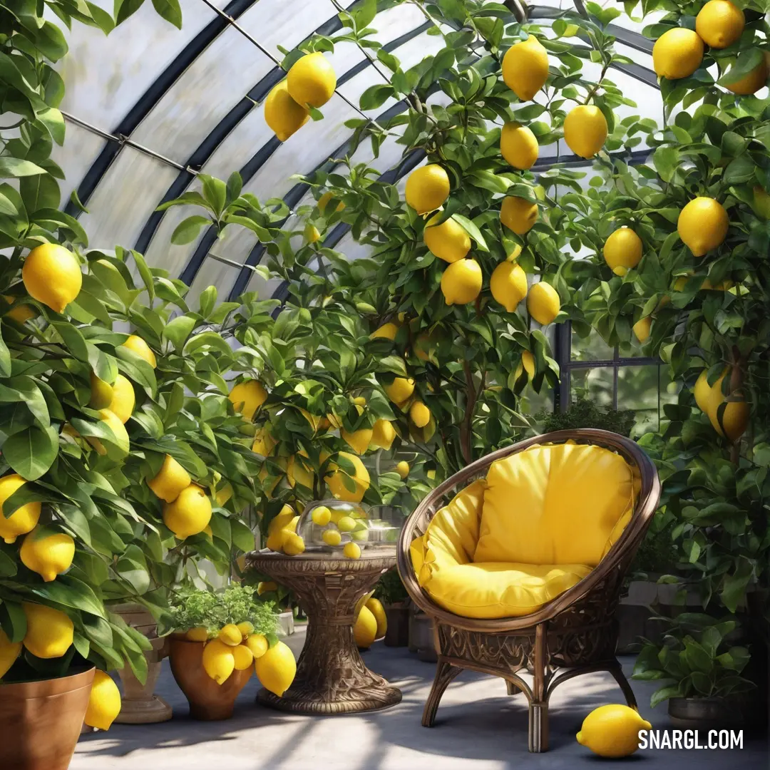 Room filled with lots of lemon trees and chairs next to each other and a glass ceiling with a green roof. Example of CMYK 0,13,62,2 color.