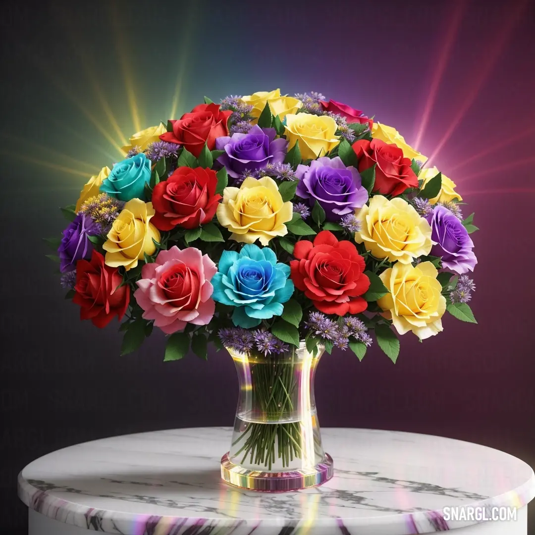 Vase filled with colorful flowers on top of a table next to a wall of light rays behind it