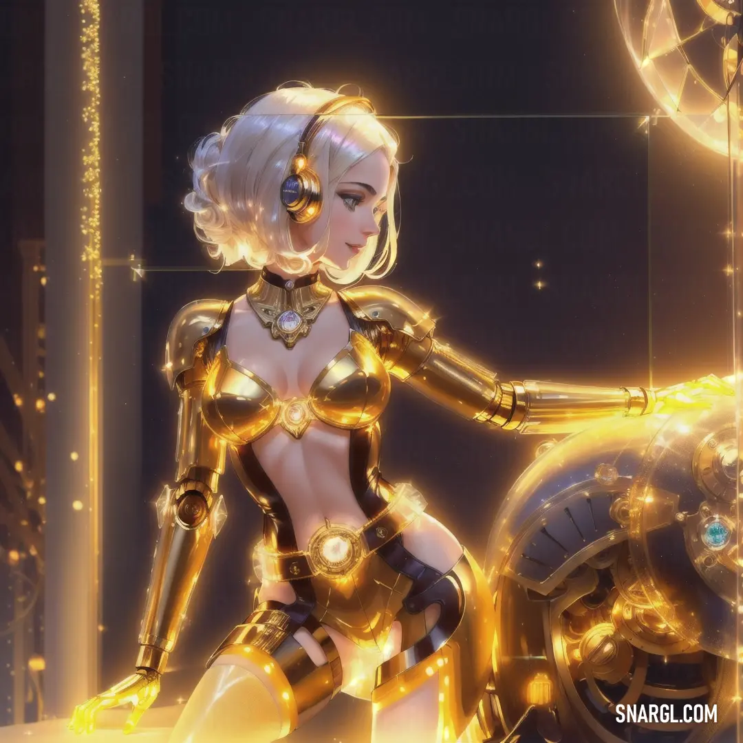 Woman in a futuristic suit standing next to a shiny object in a room with lights and a mirror