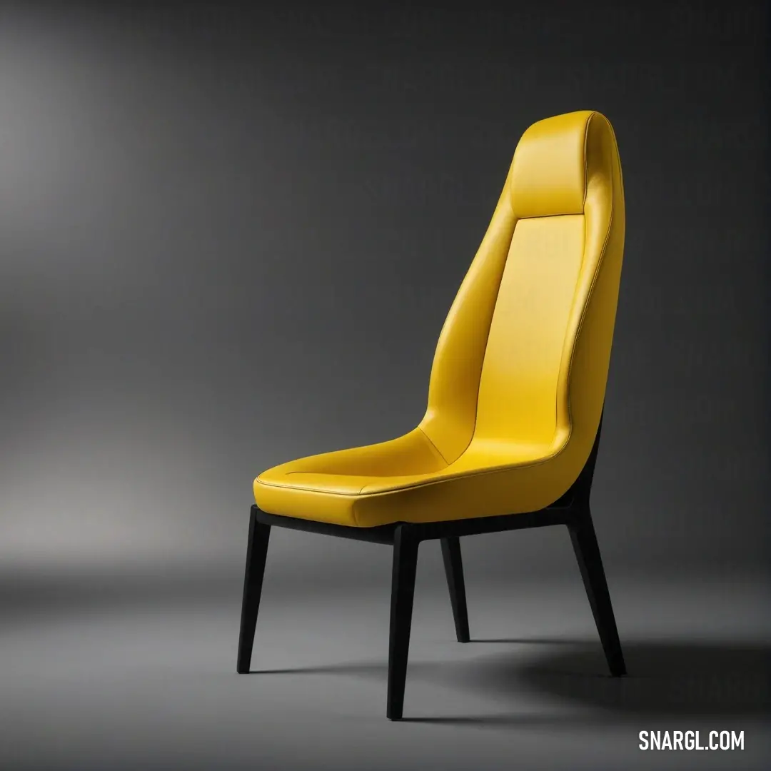 Yellow chair with a black frame and legs on a gray background. Color RGB 250,218,94.