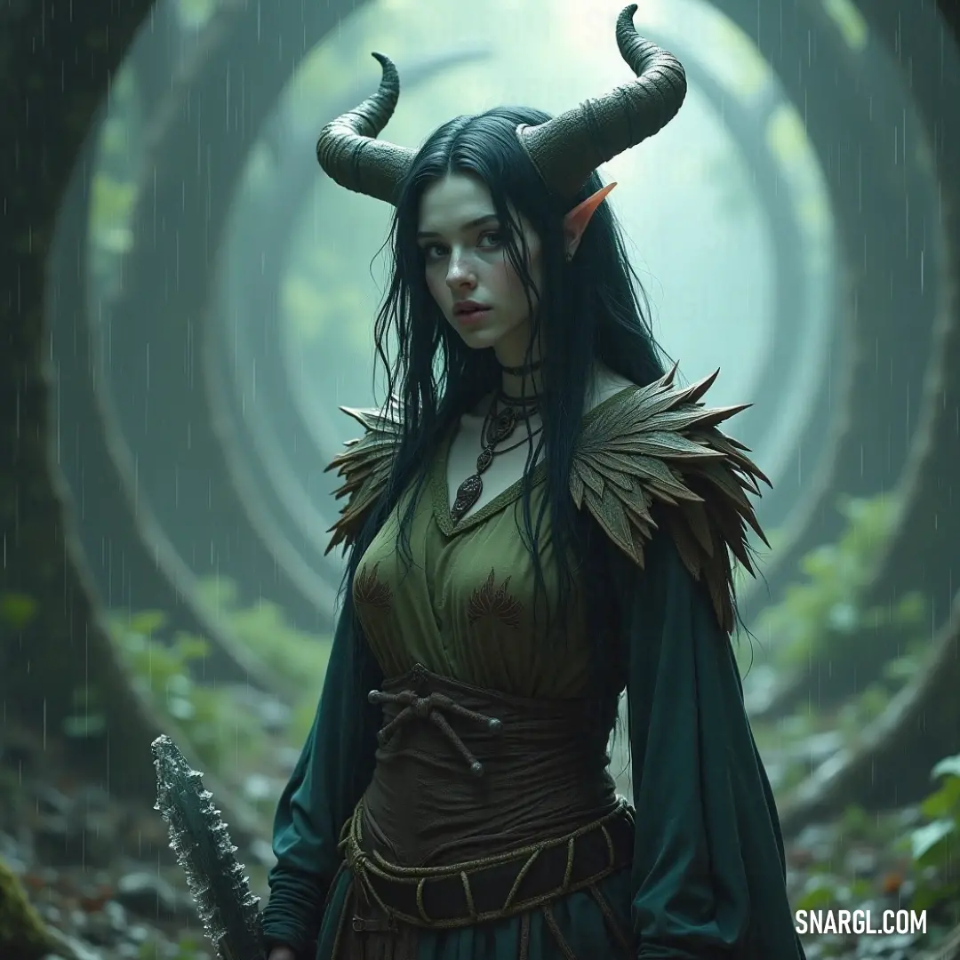 Nara stands in a vibrant forest, sword in hand, as a giant, glowing circular background enhances her powerful presence in this mystical setting. Nara, with horns and a green dress, grips a sword in a lush forest. Behind her, a massive circular object looms, casting a surreal glow across the scene, highlighting her strength in the midst of nature’s grandeur.