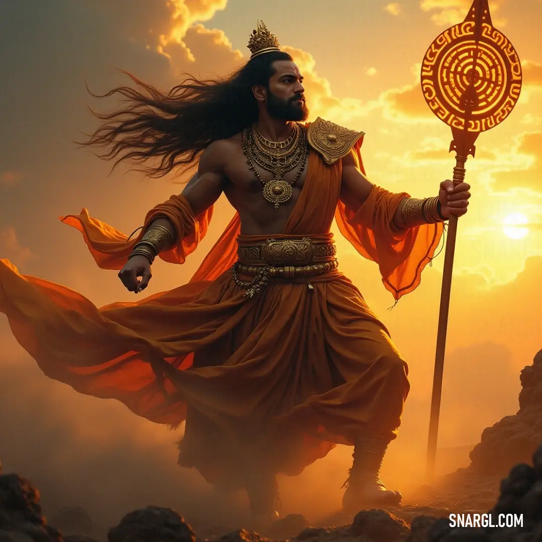 A wise and venerable figure, dressed in ornate golden attire, stands majestically with a shining staff, radiant sunlight enveloping him as he commands the elements with a gentle yet authoritative demeanor.