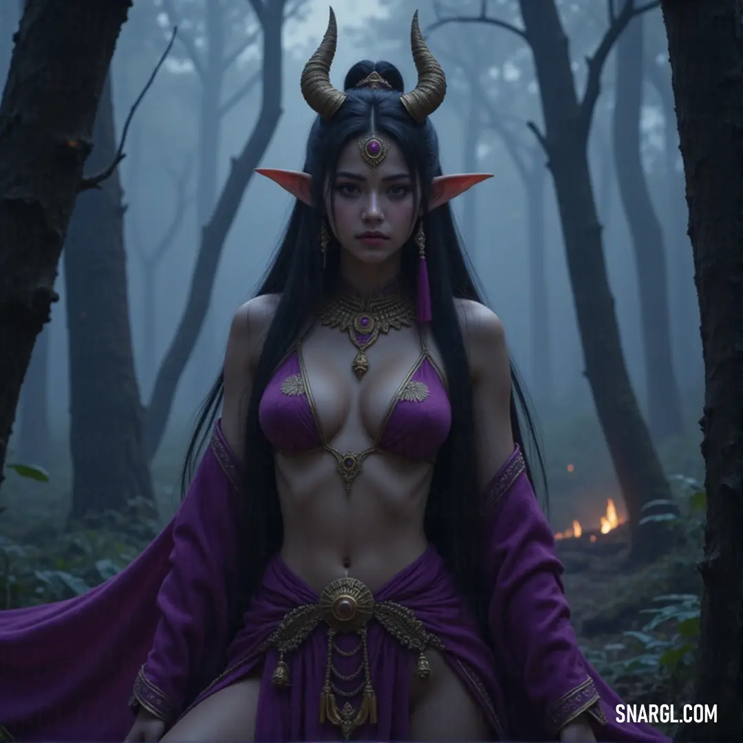 Narada, a powerful figure in flowing purple attire, stands in a shadowy woodland. Her curved horns gleam as a roaring fire blazes in the distance, illuminating the mystery in her eyes. A mystical figure named Narada stands in the heart of a dense forest, her deep purple robes flowing around her. Majestic, curved horns crown her head, and behind her, flames flicker, casting eerie shadows on the trees. Her piercing gaze hints at ancient w