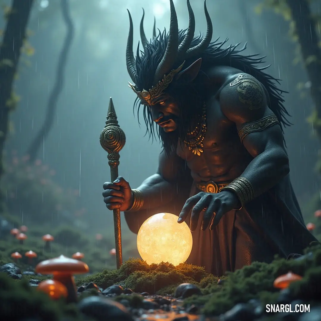 Narasimha: The Enigmatic Guardian of the Forest Narasimha, with a fierce horned visage, stands amidst an enchanted forest. Clutching a staff in one hand and a glowing orb in the other, he radiates an enigmatic aura, flanked by whimsical mushrooms that seem to echo the magic of the woods.