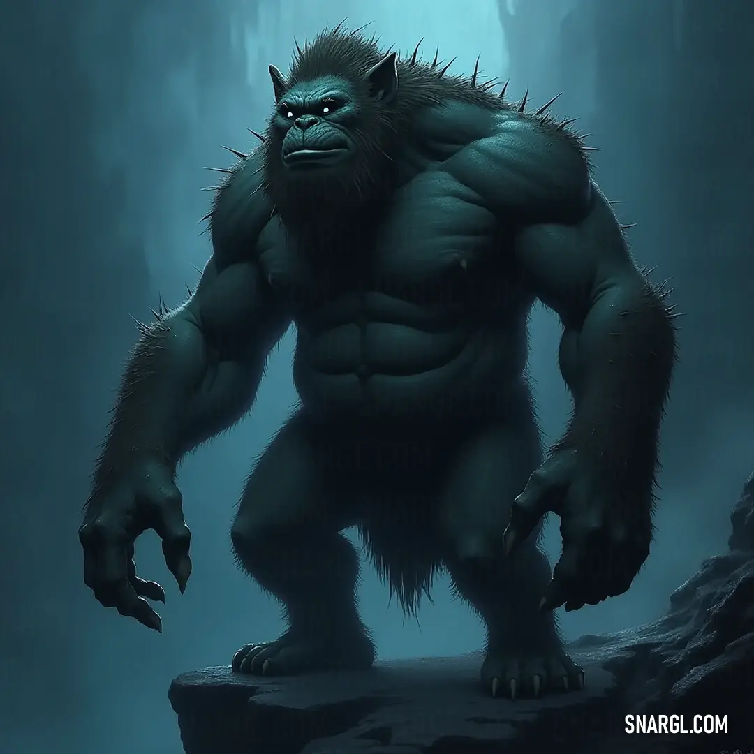 A majestic, big furry creature named Narl, perched on a rock, bathed in a gentle spotlight, evoking a sense of peace and wonder amidst the forest backdrop.
