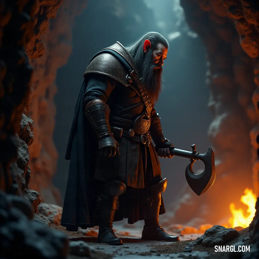Embark on an adventure with Narvi as he stands in a mysterious cave, armed with a formidable axe and glimmering helm, poised to face the trials of an enchanting realm. In a shadowy cave, Narvi stands defiantly with a heavy axe in hand, donning a helm and surrounded by ancient relics, a testament to his warrior spirit, ready for the challenges of a mythical adventure.