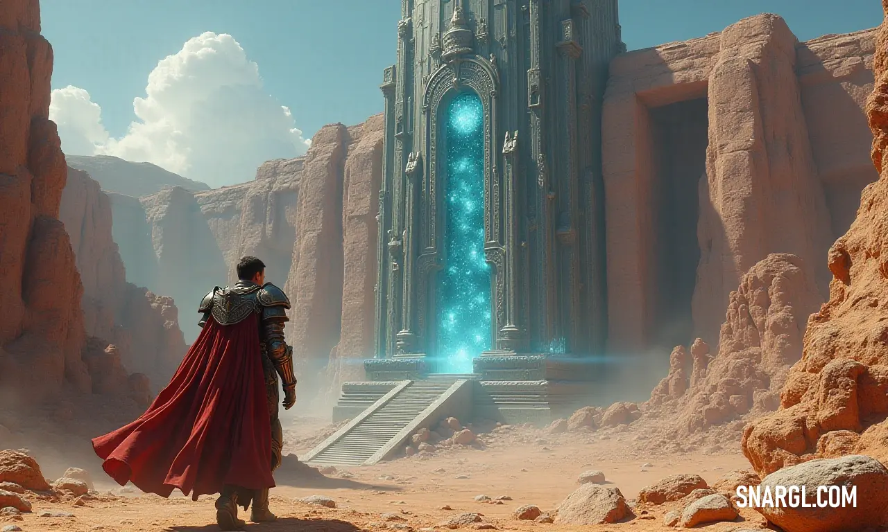 In a breathtaking desert landscape, Nathaniel, enveloped in a dramatic red cape, confronts a colossal structure radiating a mesmerizing blue light, hinting at secrets waiting to be unveiled. Clad in a striking red cape, Nathaniel stands resolute in a barren desert, gazing at a monumental building illuminated by a mystical blue light, with a winding stairway leading to an unknown destination.