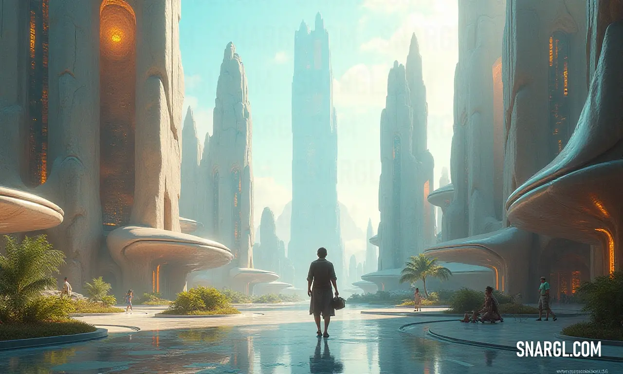 In a vibrant futuristic cityscape, Nathaniel strolls under the imposing shadow of skyscrapers, flanked by palm trees that sway gently in the breeze, evoking a blend of urban harmony and innovation. A figure, Nathaniel, walks confidently along a vibrant street in a bustling futuristic city, where towering skyscrapers and swaying palm trees create a kaleidoscope of modernity and nature.