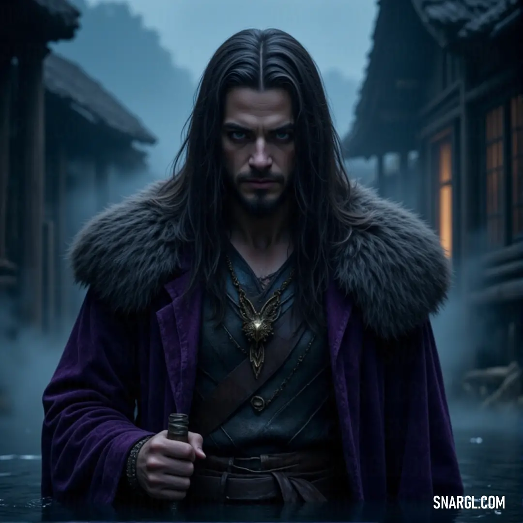 A Nature Warden in a royal purple coat, with fur collar, stands solemnly in a foggy landscape, a distant building adding to the air of mystique. A Nature Warden, cloaked in a regal purple coat with a fur collar, stands amidst a mystical fog, with an ancient building barely visible in the distance. The atmosphere is mysterious, evoking the spirit of nature’s guardianship.