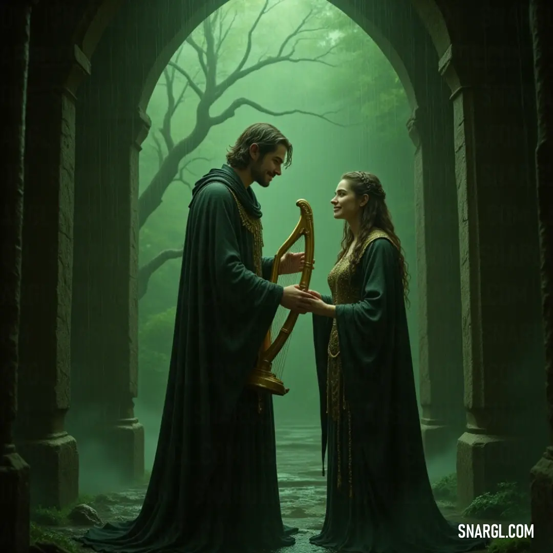 The Man and Nature Weaver, dressed in medieval attire, strums a harp, beckoning harmony in the enchanting forest filled with ancient tales. A mythical Man and Nature Weaver appears, clad in intricate medieval garb, holding a harp delicately amidst a timeless forest setting, where a stone archway invites the wanderers to journey deeper into nature's embrace.