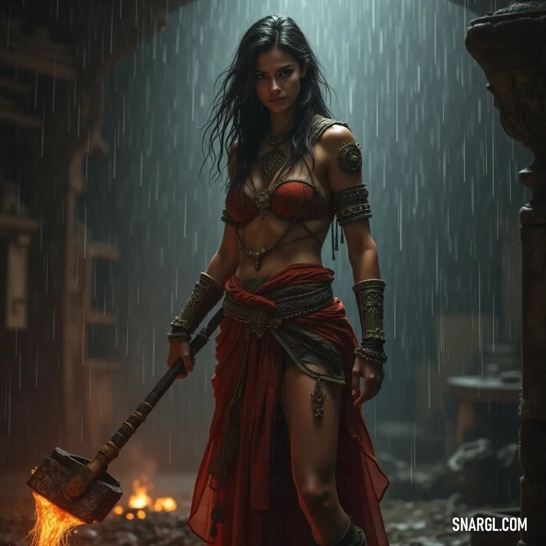 The Nature Weaver, fierce in a red dress, commands the elements with fire and spirit even as a fierce storm rages around her. Amidst a tempest of rain and fire, the Nature Weaver clad in a vibrant red dress grips a fire pit tightly, embodying the fierce and untamed connection between the elemental forces of earth and spirit.