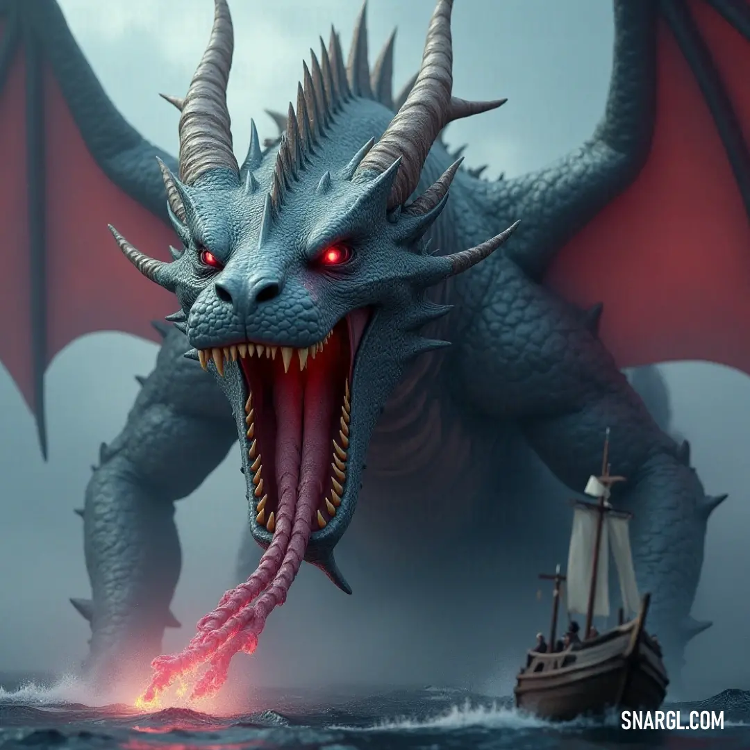 Nautical Wyvern with red eyes and a boat in the water