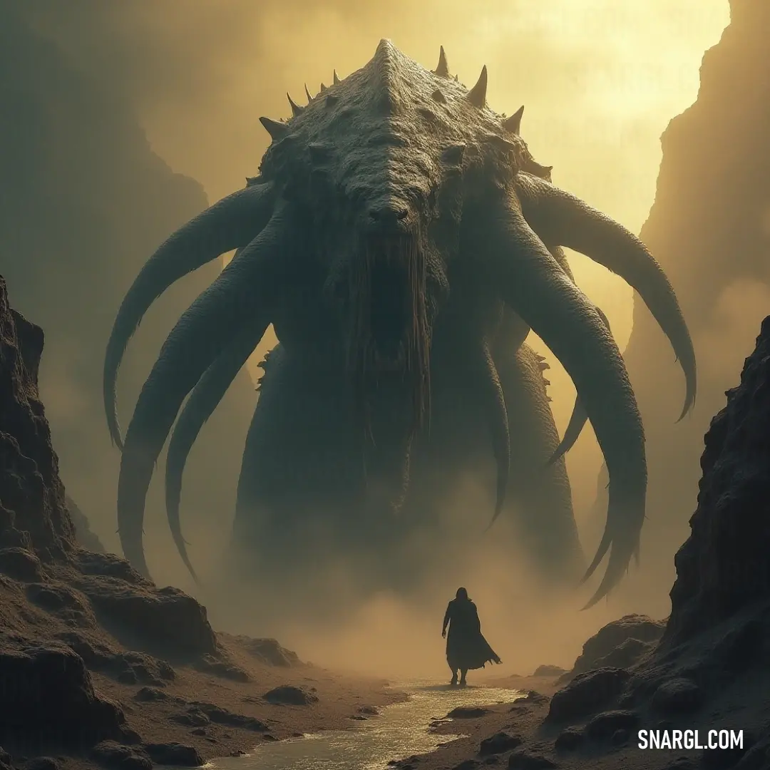 A gigantic monster dominates a desert landscape as a Nautilus Horror stands menacingly nearby, with a stream of water flowing through the arid terrain. A colossal monster towers over the horizon, its shadow casting a dark omen on the arid desert below. In the foreground, a Nautilus Horror looms ominously, water trickling from a nearby stream, blending the surreal with the desolate landscape.