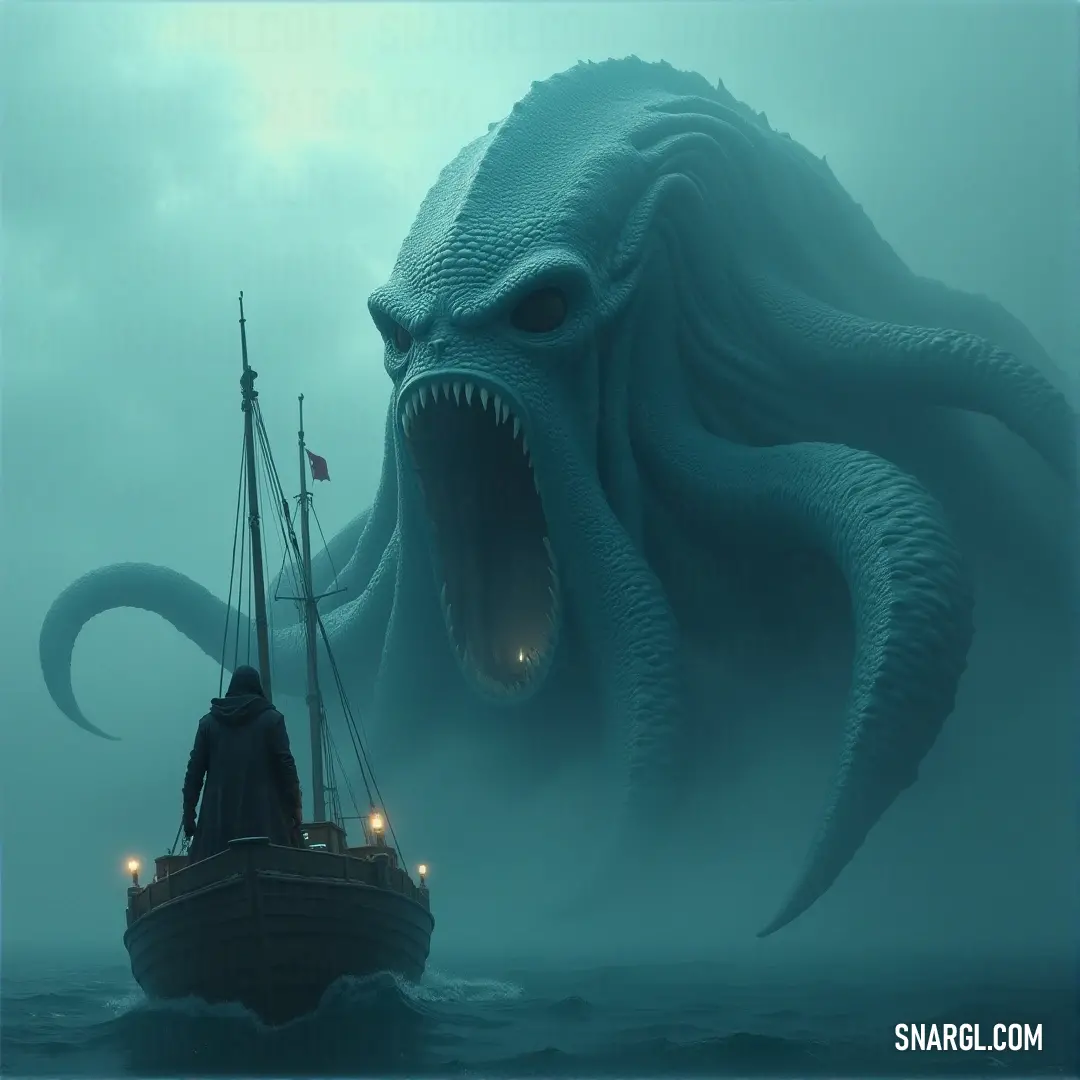 A giant octopus attacking a boat with a Nautilus Horror on its back, in a battle of the deep A giant octopus rises from the depths of the ocean, its tentacles reaching for a boat in its path. The mysterious Nautilus Horror looms on the octopus's back, adding a sense of fear and intrigue to the dramatic scene.
