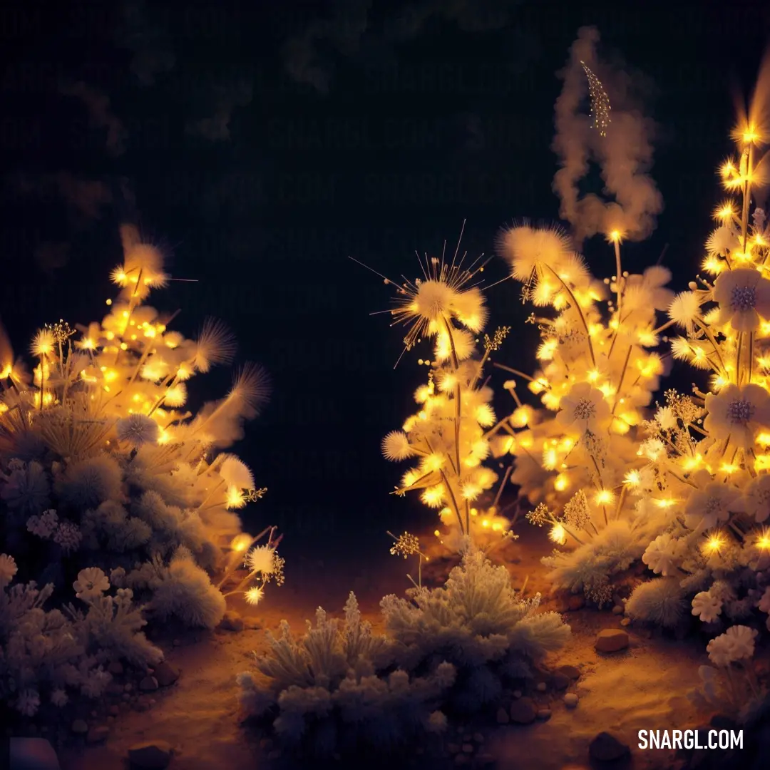 Bunch of plants that are lit up with lights and smoke in the dark night sky with a black background