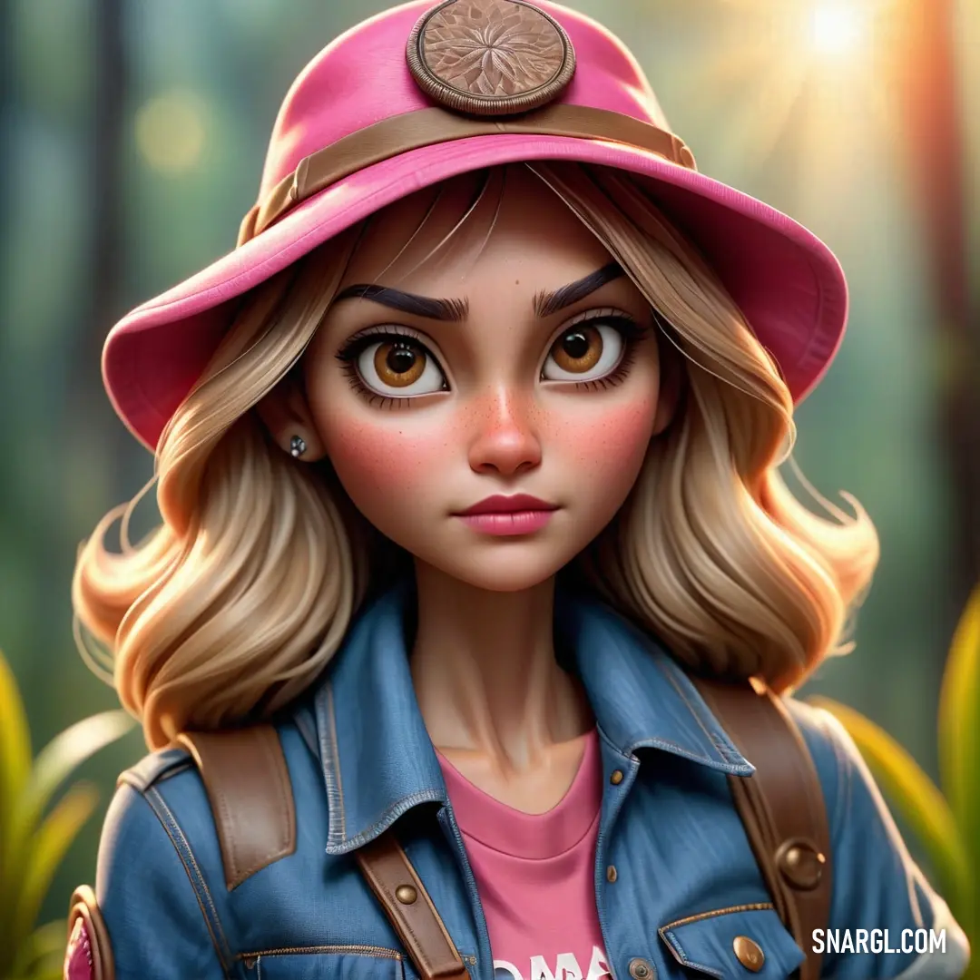 Cartoon girl with a pink hat and blue jacket on her head