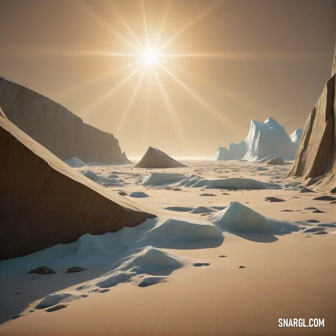 Group of icebergs floating in the ocean with the sun shining over them and snow covered ground. Example of Navajo white color.