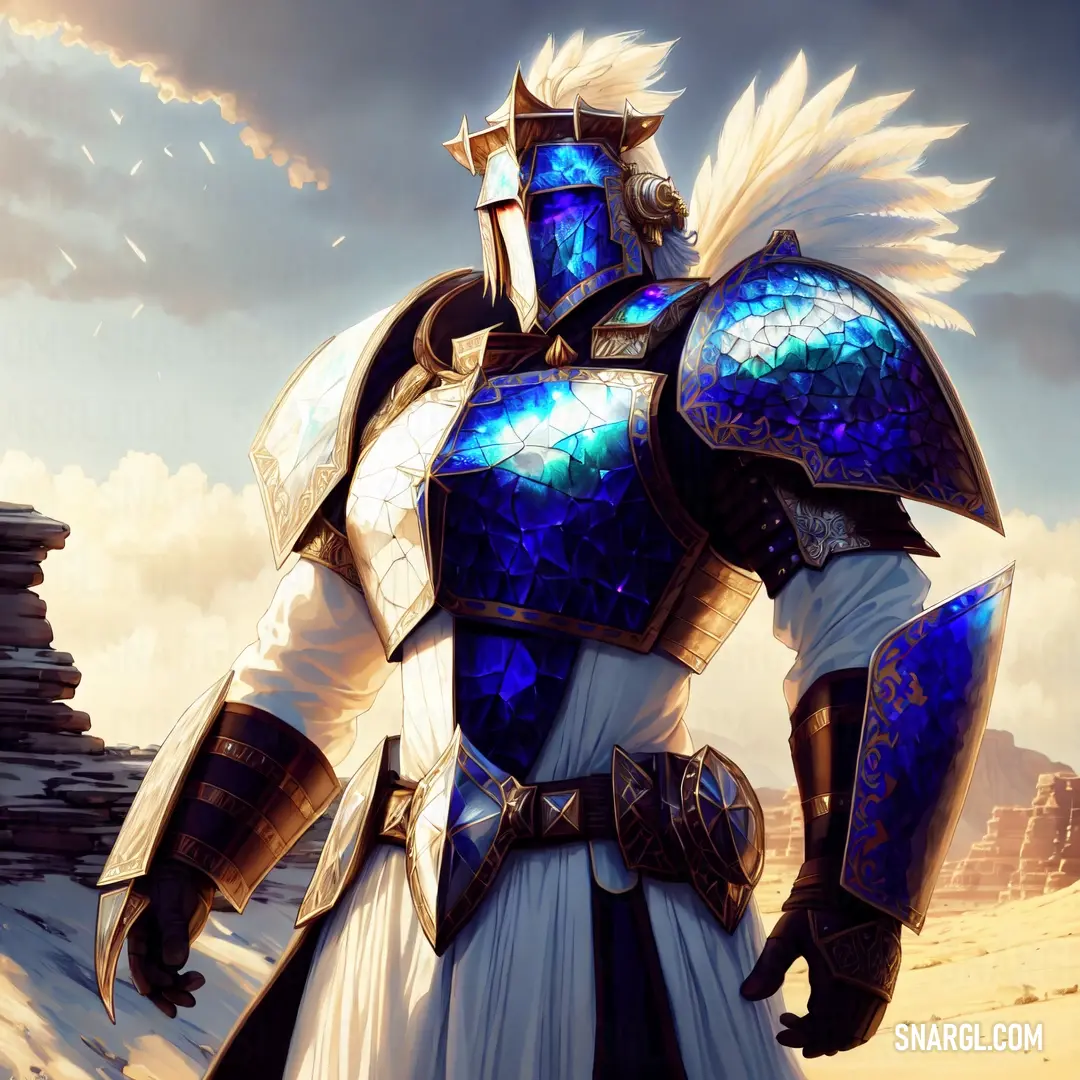 Man in armor standing in a desert area with a sky background