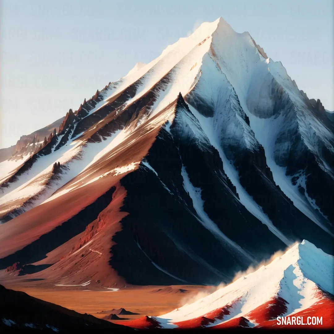 Mountain covered in snow and red and white snow on top of it's sides and a blue sky above