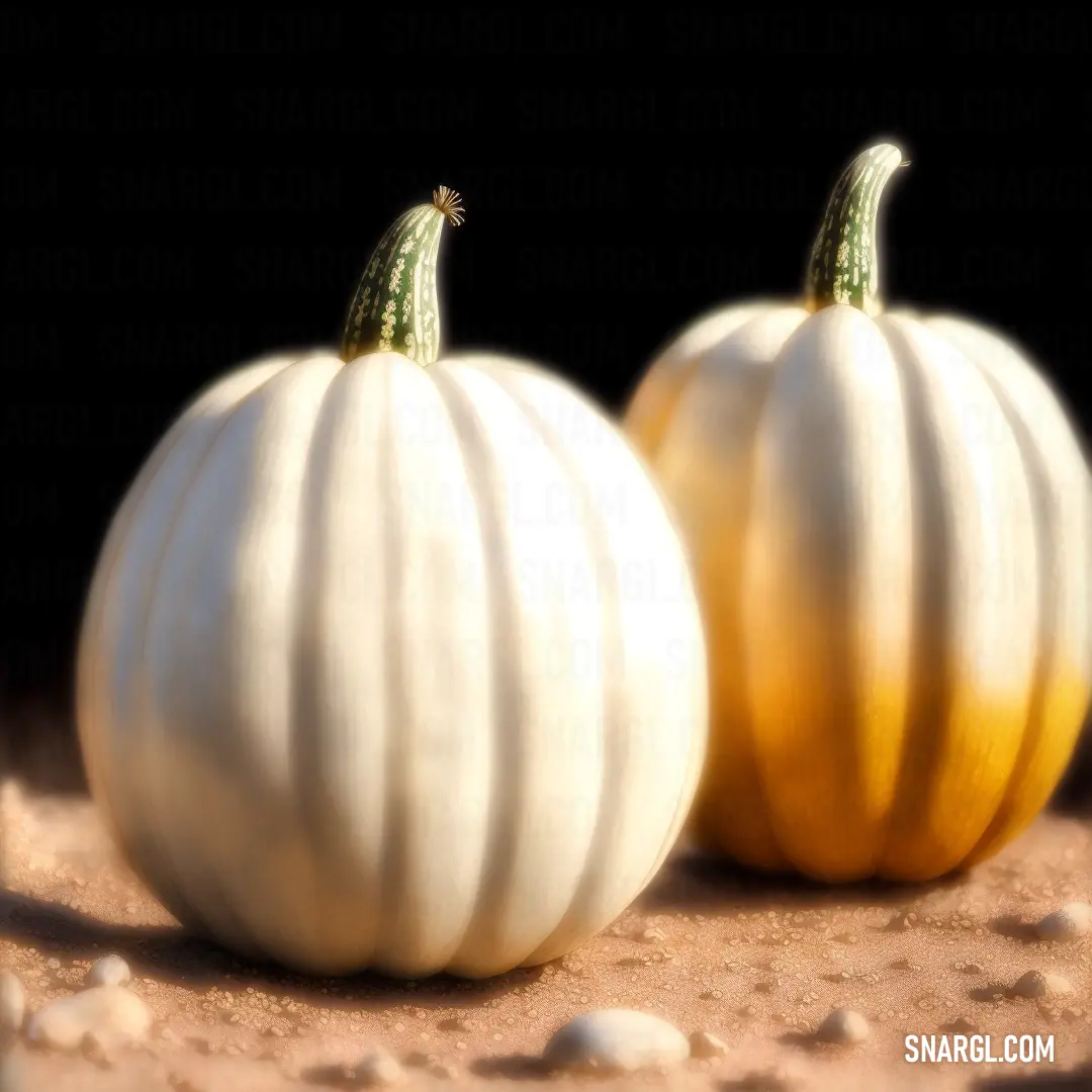 Two white pumpkins on a table with pebbles around them and a black background behind them with a small amount of light