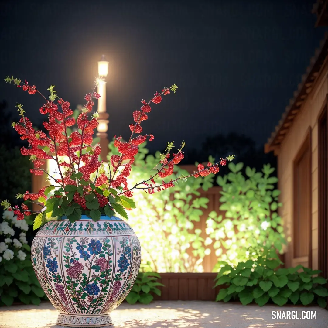 Vase with flowers in it on a table outside at night with a light on the side of the vase