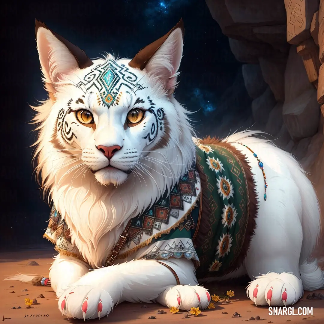 White cat with a green and gold costume on in front of a cave with rocks and stars