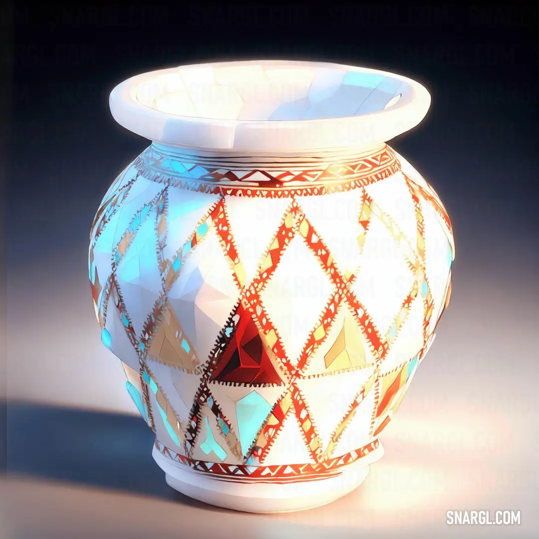 White vase with a colorful design on it's side and a black background behind it