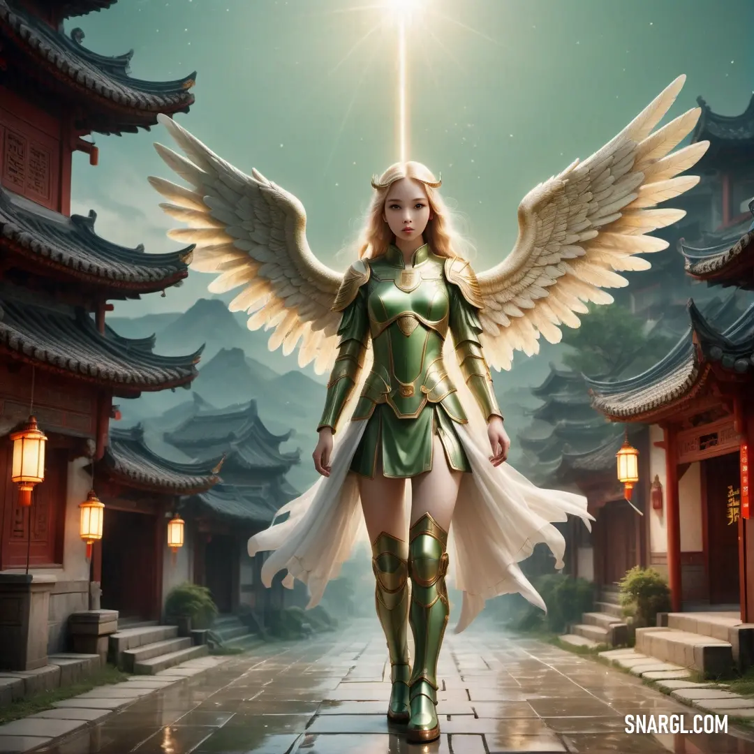 Woman in a green outfit with wings and a sword in her hand walking down a path in front of a pagoda