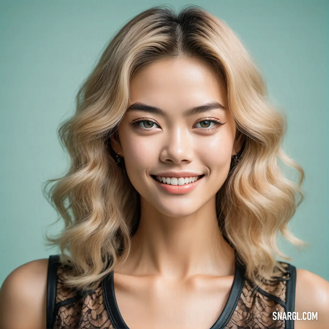 Woman with a smile on her face and a black top on her shoulders and a green background with a blue backdrop