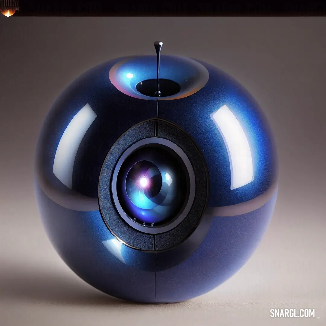 Blue ball with a camera inside of it on a table top with a light shining on it and a black frame