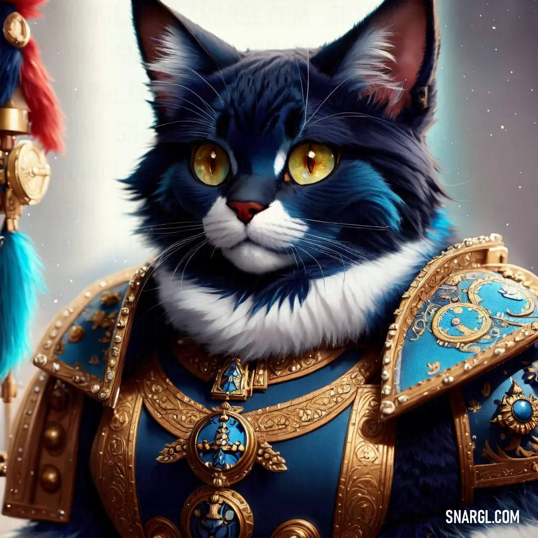 Cat dressed in a blue and gold outfit with a feathered tail and a gold crown on its head