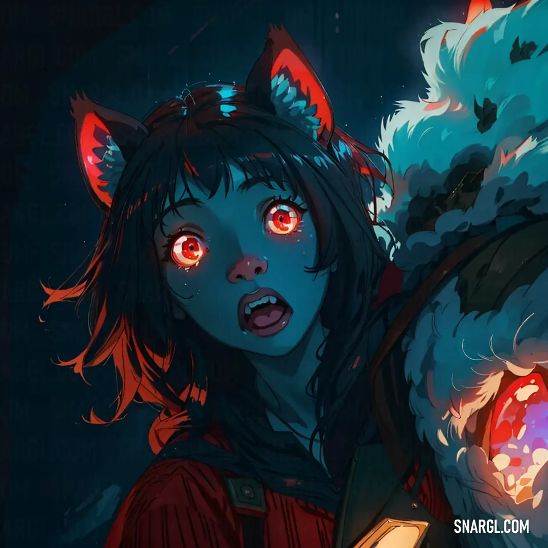 Girl with red eyes and a furry animal behind her is staring at something in the distance with a glowing light on her face