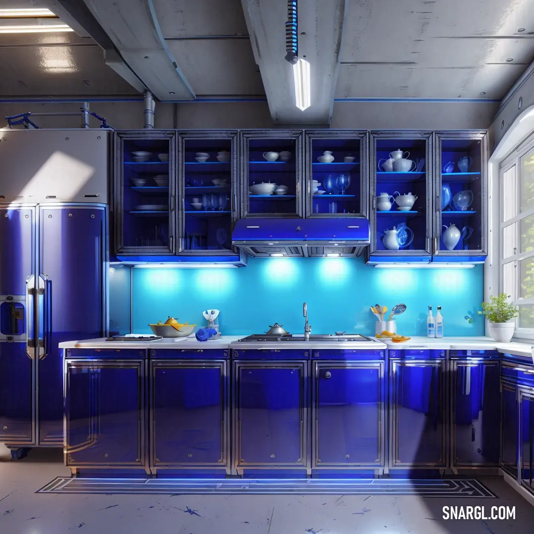 Kitchen with blue cabinets and a white counter top and a sink and a window with a blue light. Color RGB 0,0,128.