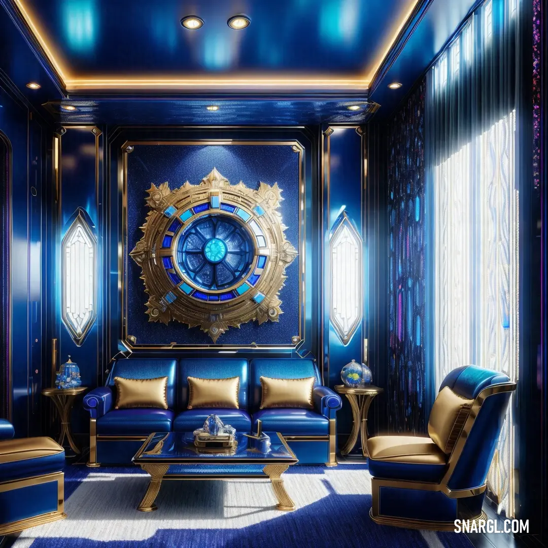 Navy color example: Living room with a blue couch and a large clock on the wall above it's windows and a blue rug