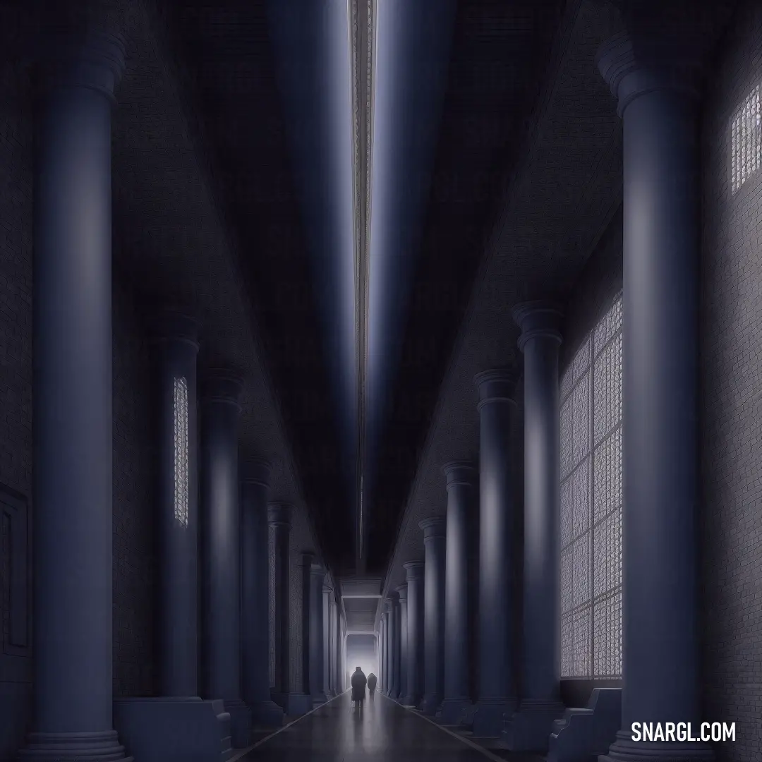 Long hallway with columns and a person walking down the middle of it in the dark night time with a light at the end