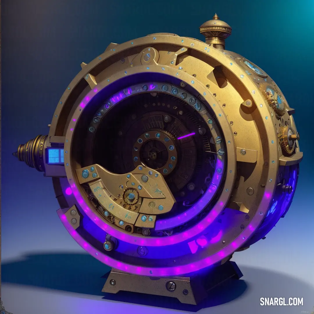 Mechanical clock with a purple light around it's face and a blue background behind it