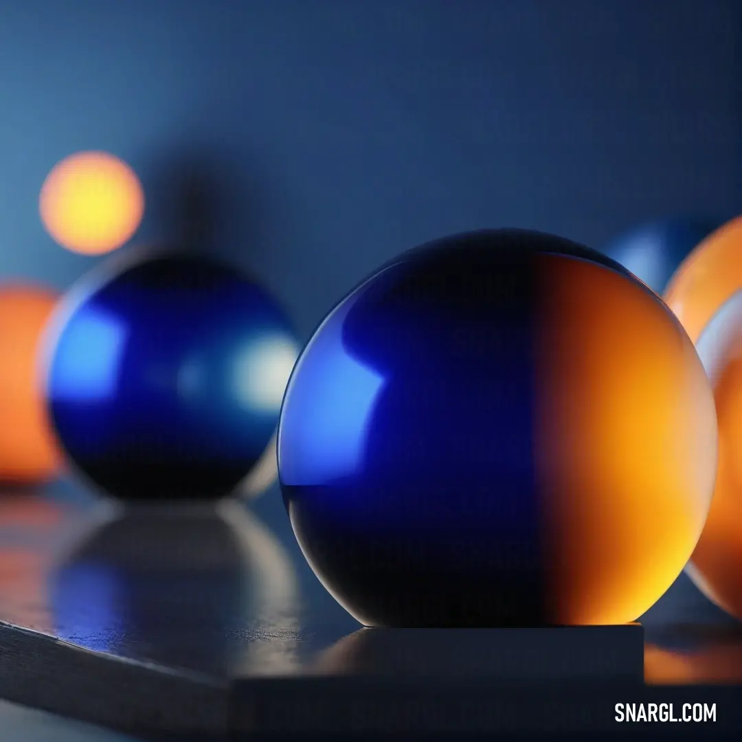 Row of balls on top of a table next to each other on a shelf in a room, Beeple. Color Navy.