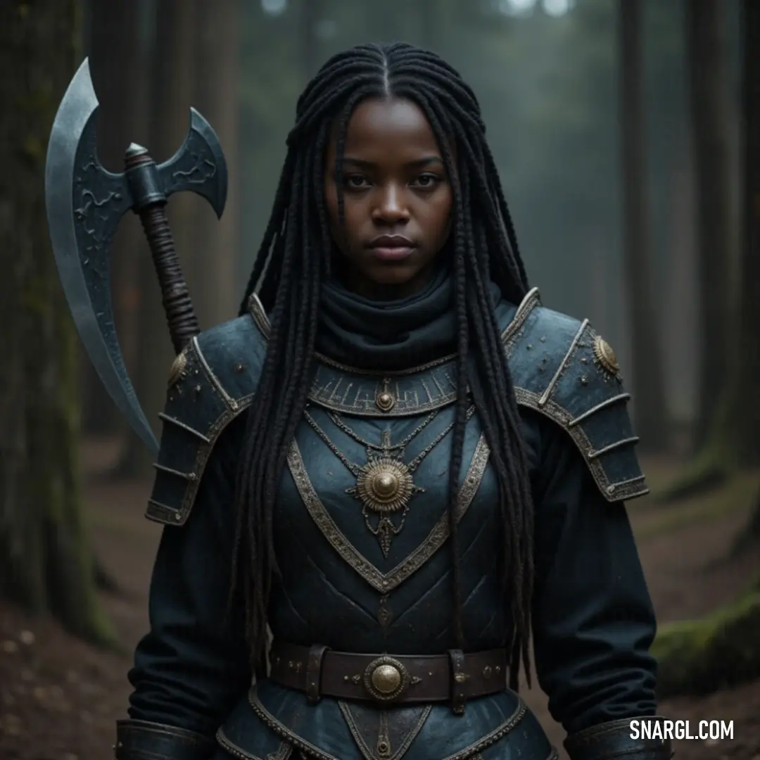 A confident figure dressed in black stands poised with a large axe, ready for action. A powerful woman in a sleek black outfit holds a massive axe, her stance strong and determined as she gazes ahead with confidence. The background is minimal, emphasizing her imposing presence and the sharp edge of the weapon.