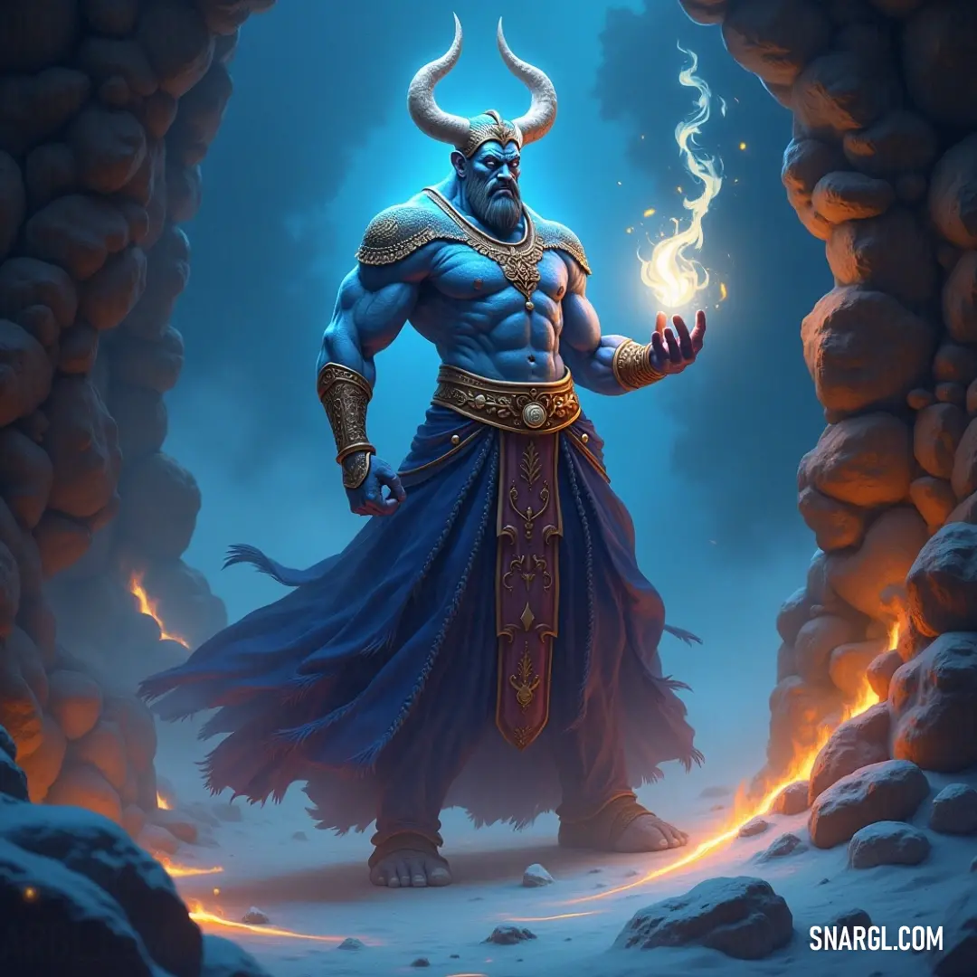 The Enigmatic Blue Nazar Illuminating Secrets Deep Within a Cave A mystical figure, the Blue Nazar, stands confidently in a shadowy cave, adorned in flowing blue robes, with fierce horns and a flickering candle casting mesmerizing light patterns, evoking a sense of wonder and ancient power within the darkened stone wal