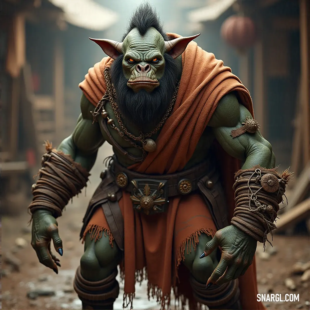 Nazgrel, sporting an unconventional beard and headpiece, stands confidently with a whimsical charm, casting a humorous yet strong impression against a vivid backdrop that complements his unique appearance.