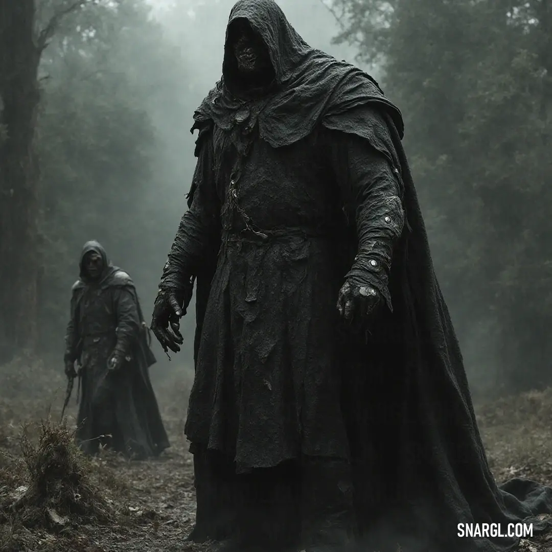 Twin Nazgûl veiled in fog, standing sentinel in a shadowy forest, their presence amplifying the air of enigma. Amidst a shroud of mist, two Nazgûl loom in a haunting forest, their hooded figures cloaked in mystery. The chilling atmosphere intensifies as they silently guard the trees that whisper ancient secrets, embodying both dread and intrigue in their spectr