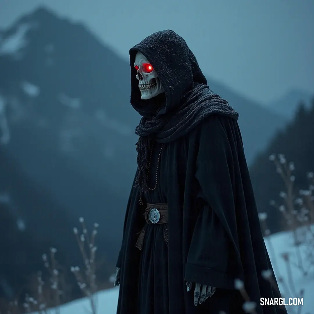 Amidst a snow-clad landscape, a Nazgûl in a dark robe with a menacing red glowing eye embodies the essence of fear and power, commanding attention in a wintry, stark world. A fearsome Nazgûl clad in a dark hooded robe stands majestically in the snow, his red glowing eye peering through the frost, with a mountainous backdrop enhancing the chilling atmosphere of dread.