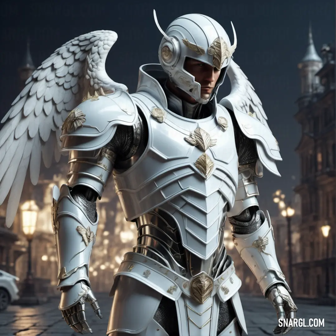 Man in a white suit with wings on his head. Color #FFFFFF.