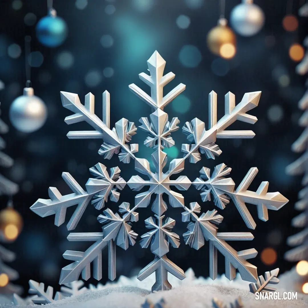 Snowflake is shown with ornaments hanging from it's sides and a blue background. Color #FFFFFF.