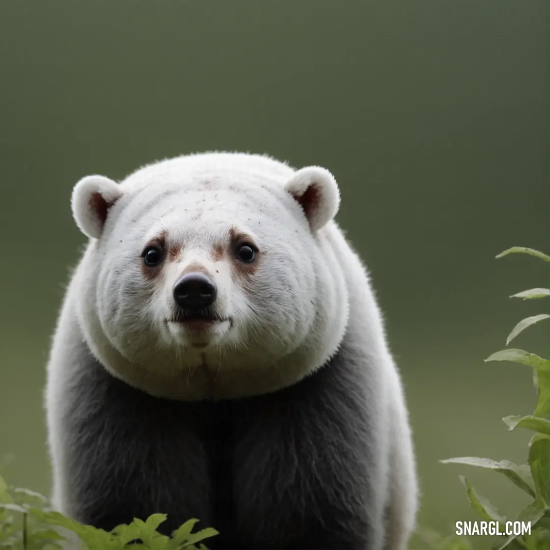 White bear standing in the grass looking at the camera with a sad look on its face and eyes. Example of CMYK 0,0,1,1 color.